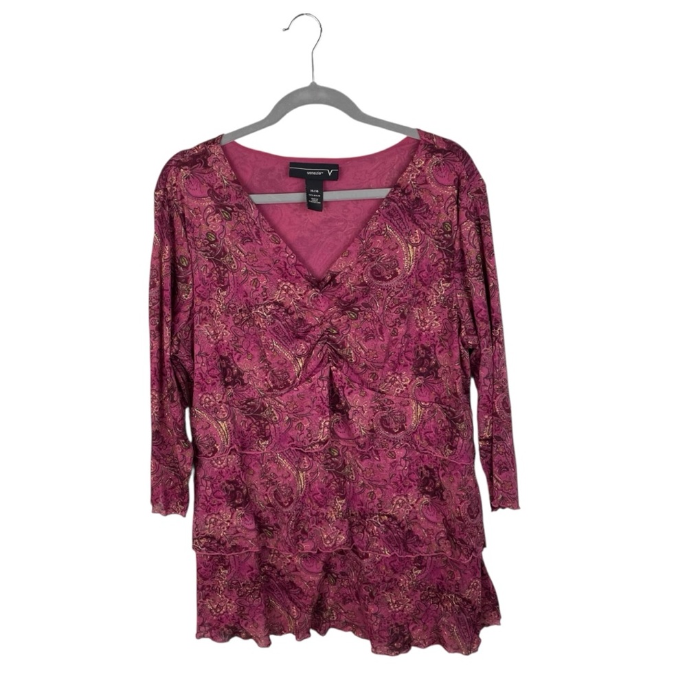 Vintage Y2K Venezia Pink Paisley Print Mesh Top Size 14/16 Fairycore Fairy Boho